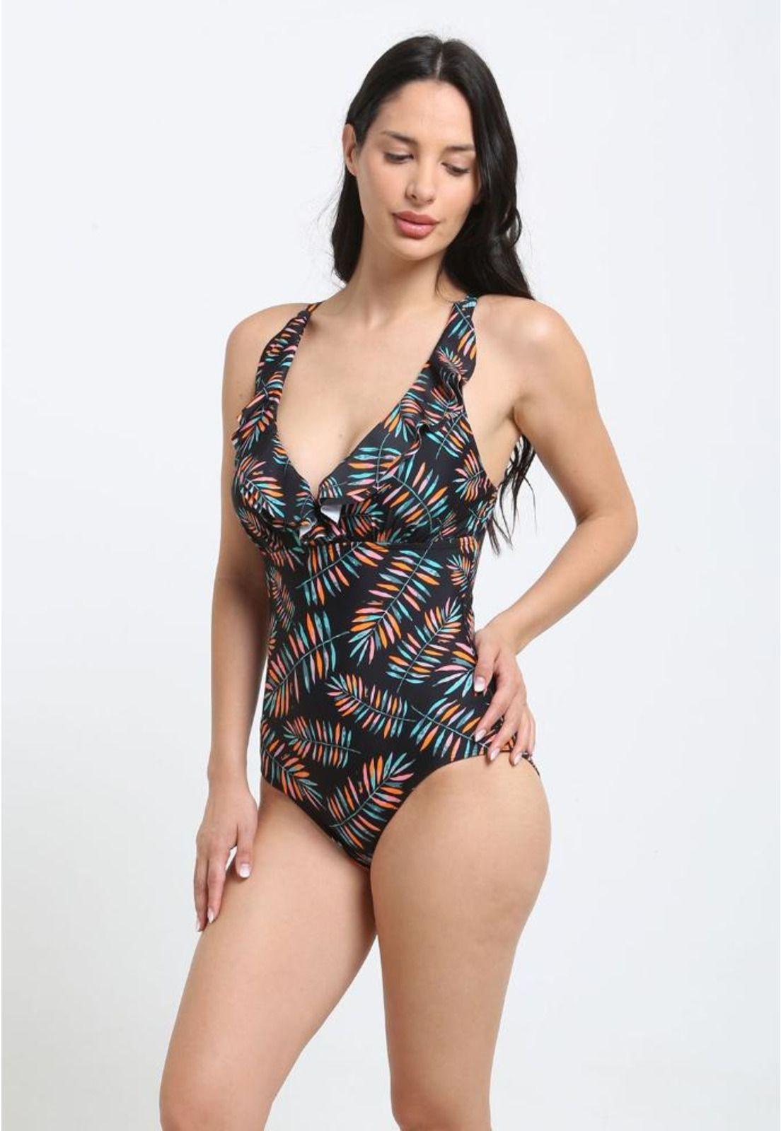 Traje de baño con vuelos estampado hojas-2