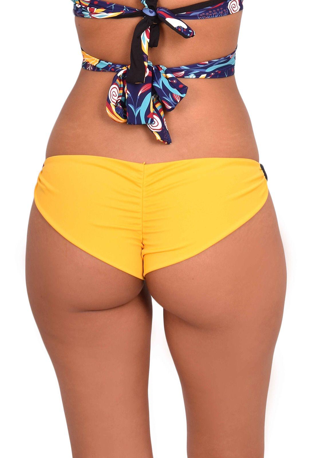 Bikini calzón con drapeado trasero estampado amarillo-1