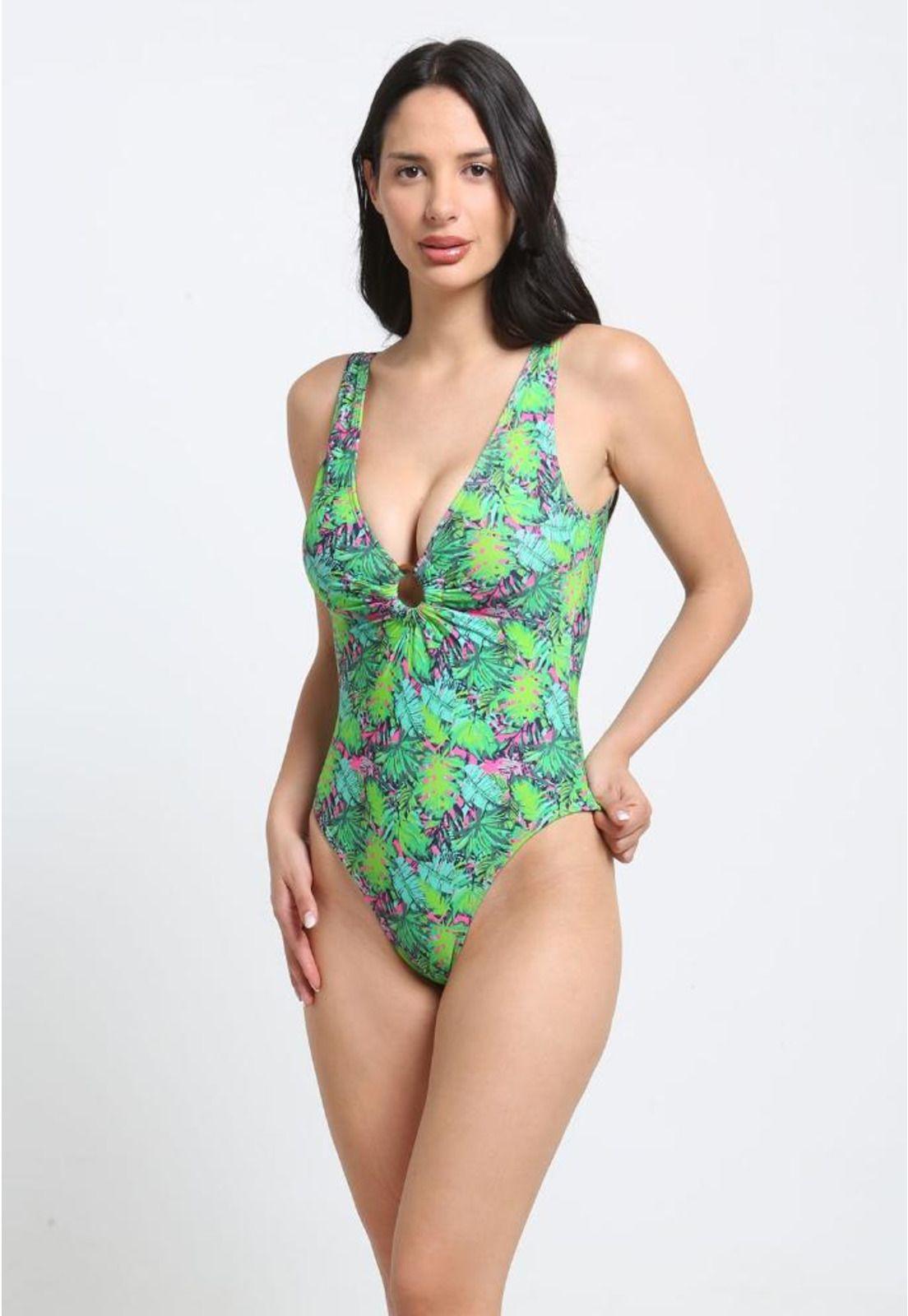 Traje de baño rebajado detalle circular estampado verde-0