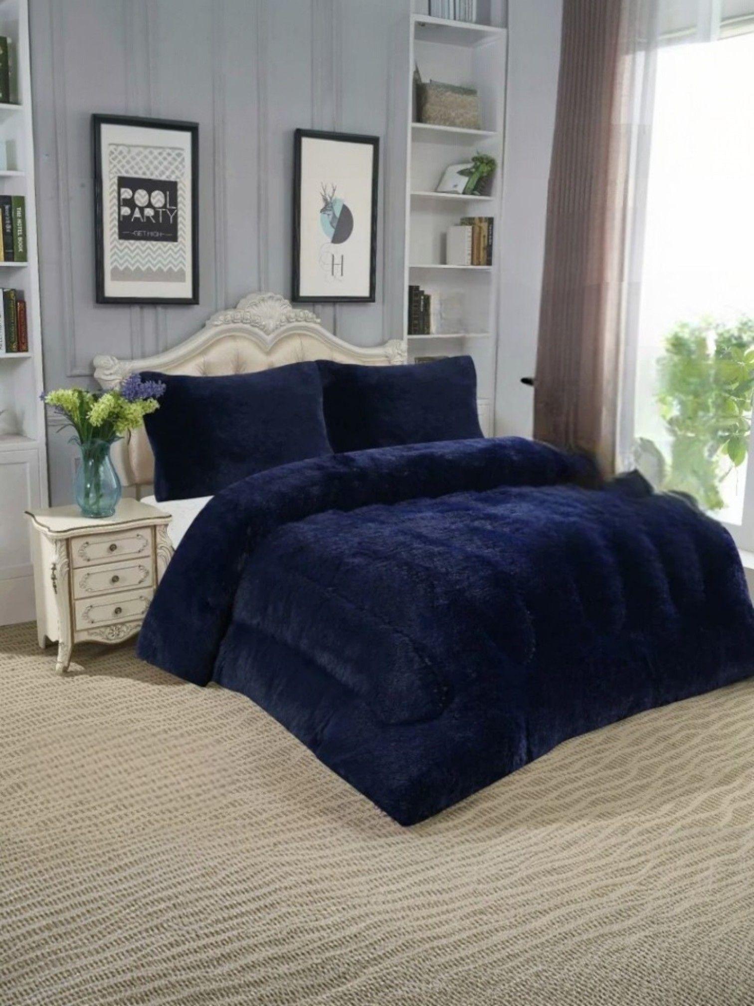 Cobertor de Invierno Peludos Con Chiporro Plaza y Media color azul marino-1