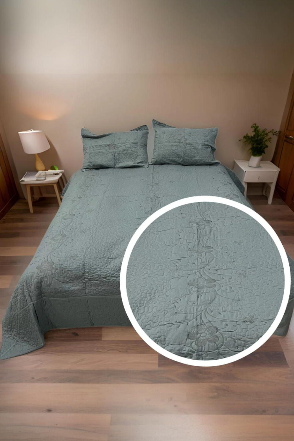 Cubrecama Quilt Verano Flores Bordadas King GRIS-2