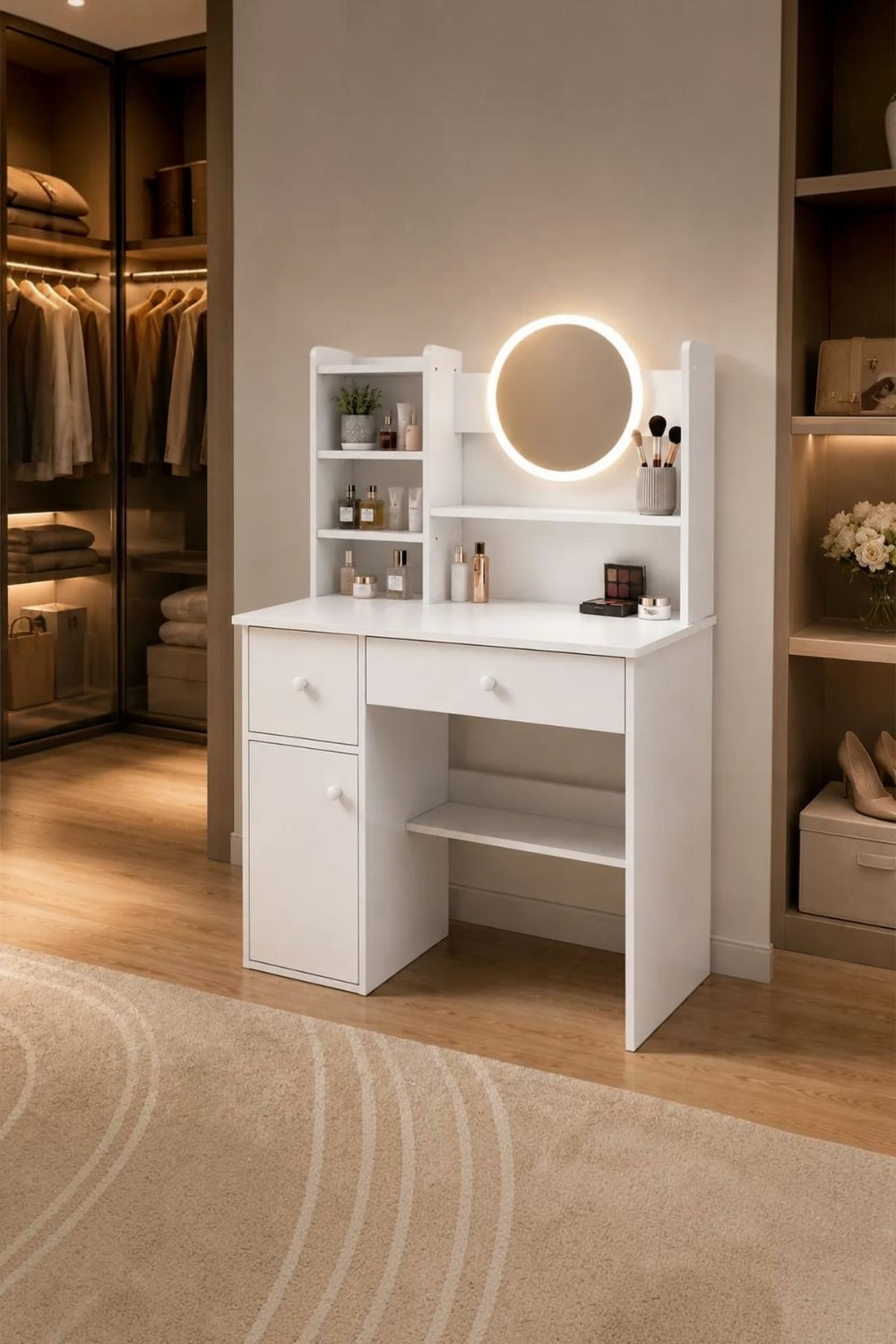 Tocador maquillaje moderno 100x40 cm con espejo LED 3 cajones y repisas-2