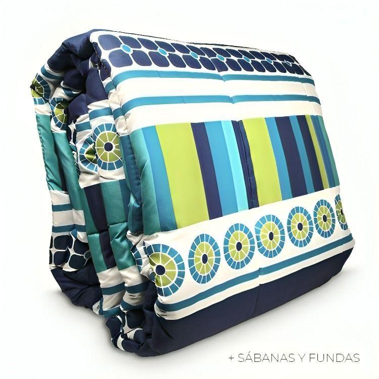 Plumón Estampado + Fundas + Sábanas 2 plazas / Geométrico Azul - Verde -3