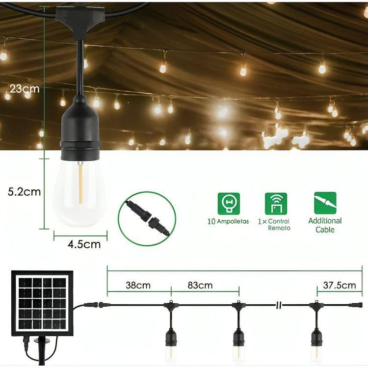 Guirnalda 10 Metros Panel Solar Con 10 Ampolletas Led Calida-2