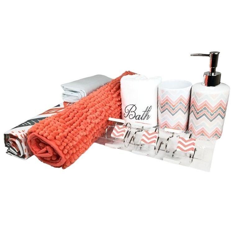 Set de Baño Ema 18 Piezas / Coral Lineas Diagonales Coral Gris – Doral-1