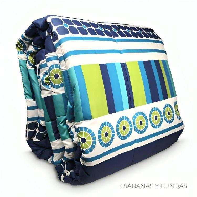 Plumón Estampado + Funda + Sábanas 1,5 plazas / Geométrico Azul - Verde -2