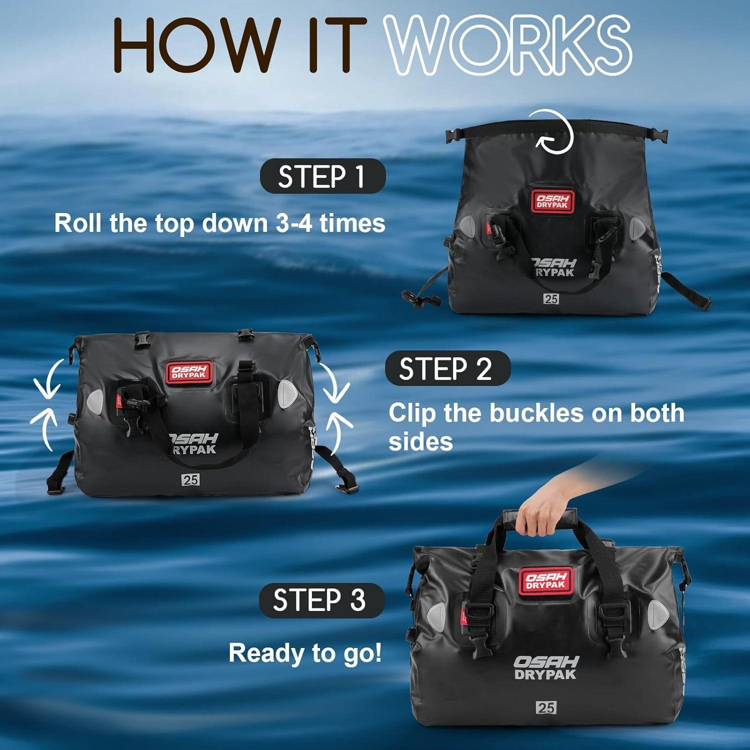 Bolso seco impermeable NEGRO 25L – Bolsa equipaje de motocicleta con correas para asiento trasero-3