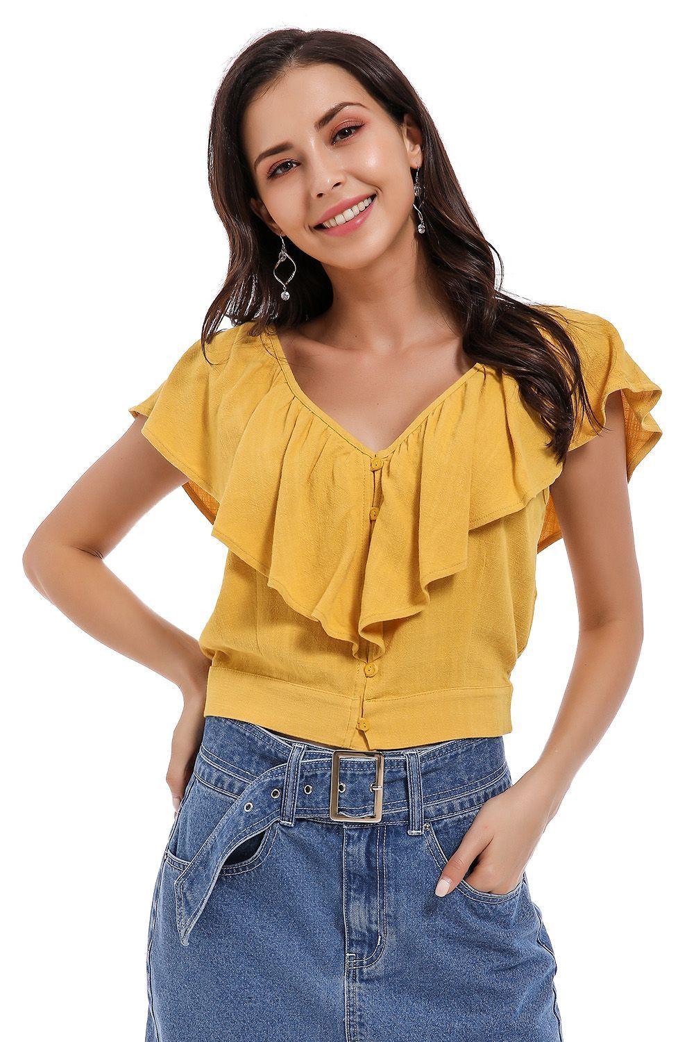 Crop Top Vuelo Cuello Mostaza Nicopoly-0