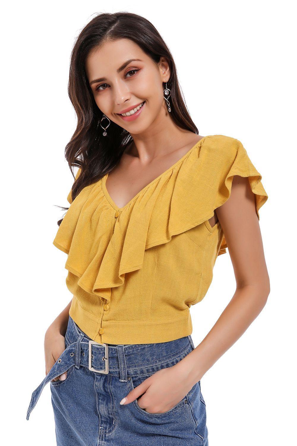 Crop Top Vuelo Cuello Mostaza Nicopoly-1