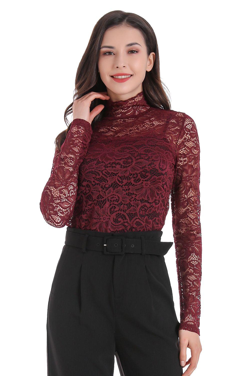 Polera Encaje Cuello Alto Burdeo Nicopoly-0
