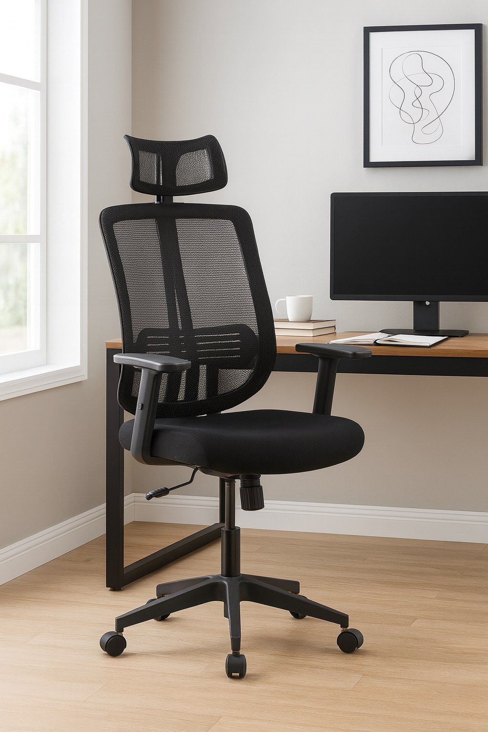 Silla de Oficina para Escritorio con Apoyacabeza Brazo Regulable Negra-0