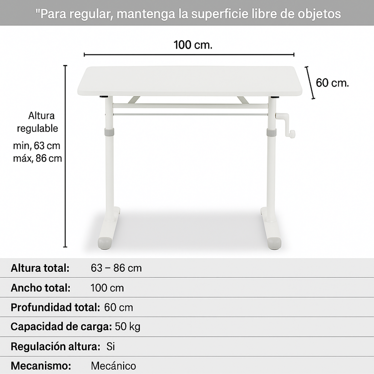Escritorio Funcional Altura Ajustable 100x60x63-86cm Blanco-2