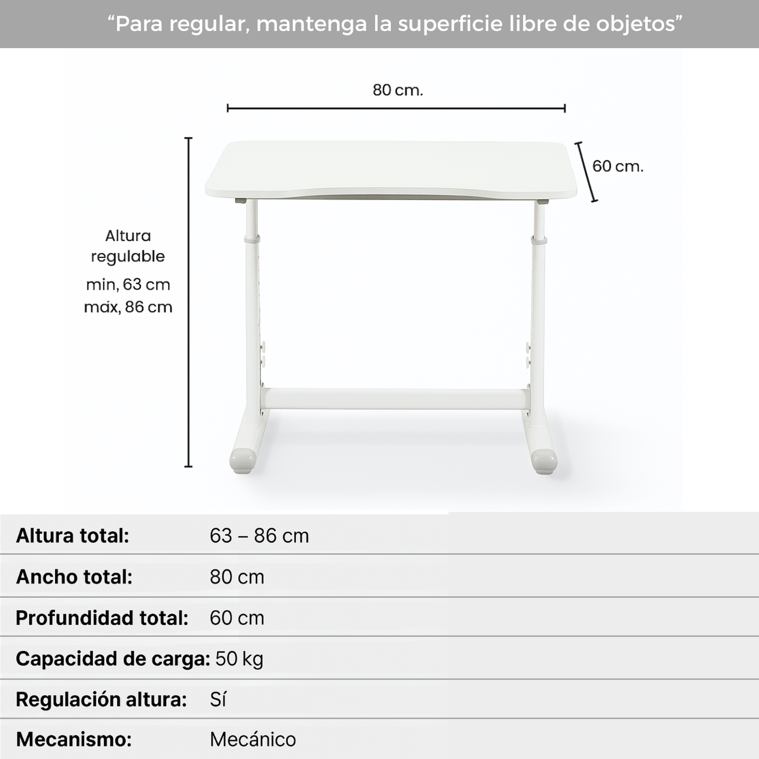 Escritorio Funcional Altura Ajustable 80x60x63-86cm Blanco-2