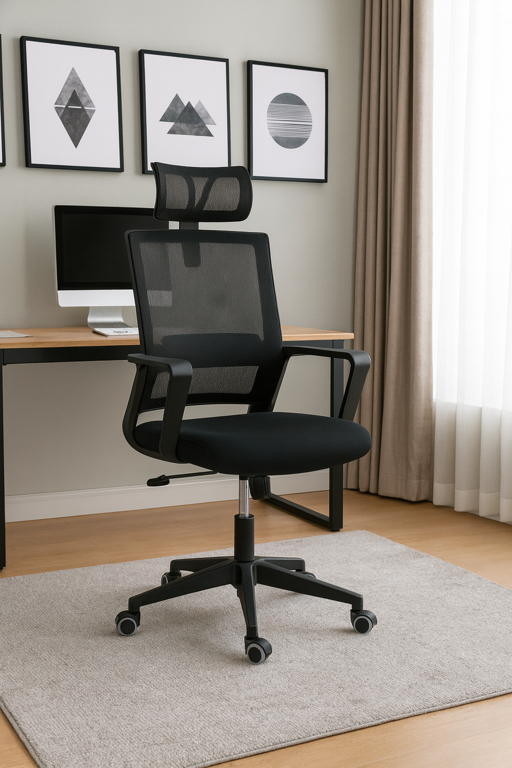 Silla de Oficina para Escritorio Mesh con Apoyacabeza Negra-0