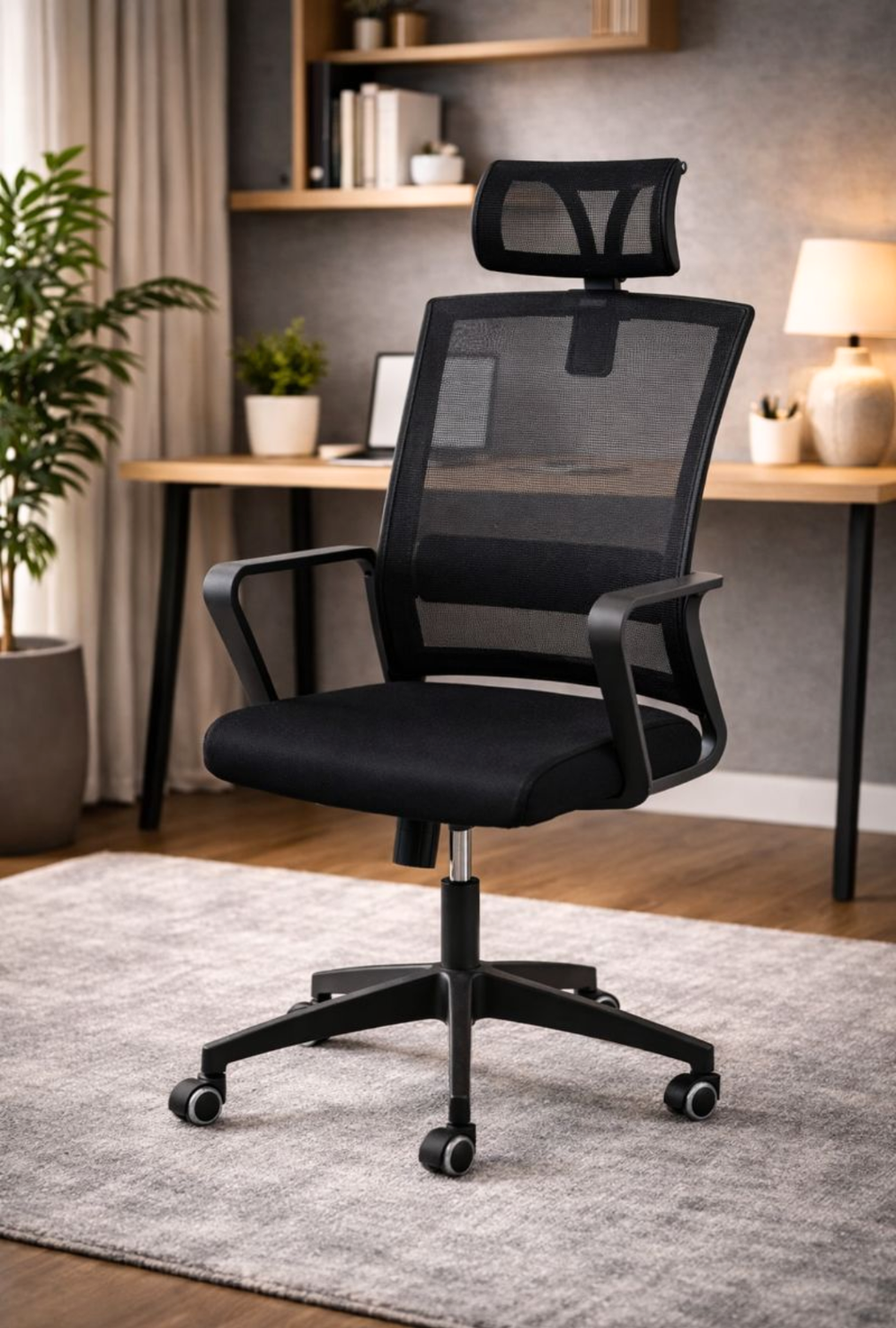 Silla de Oficina para Escritorio Mesh con Apoyacabeza Negra-1