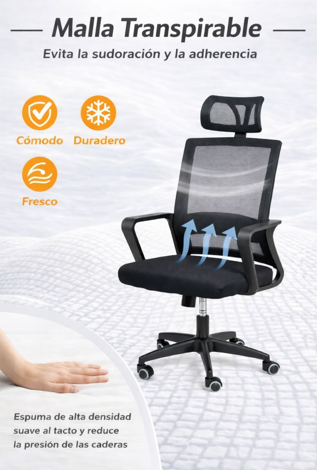 Silla de Oficina para Escritorio Mesh con Apoyacabeza Negra-3
