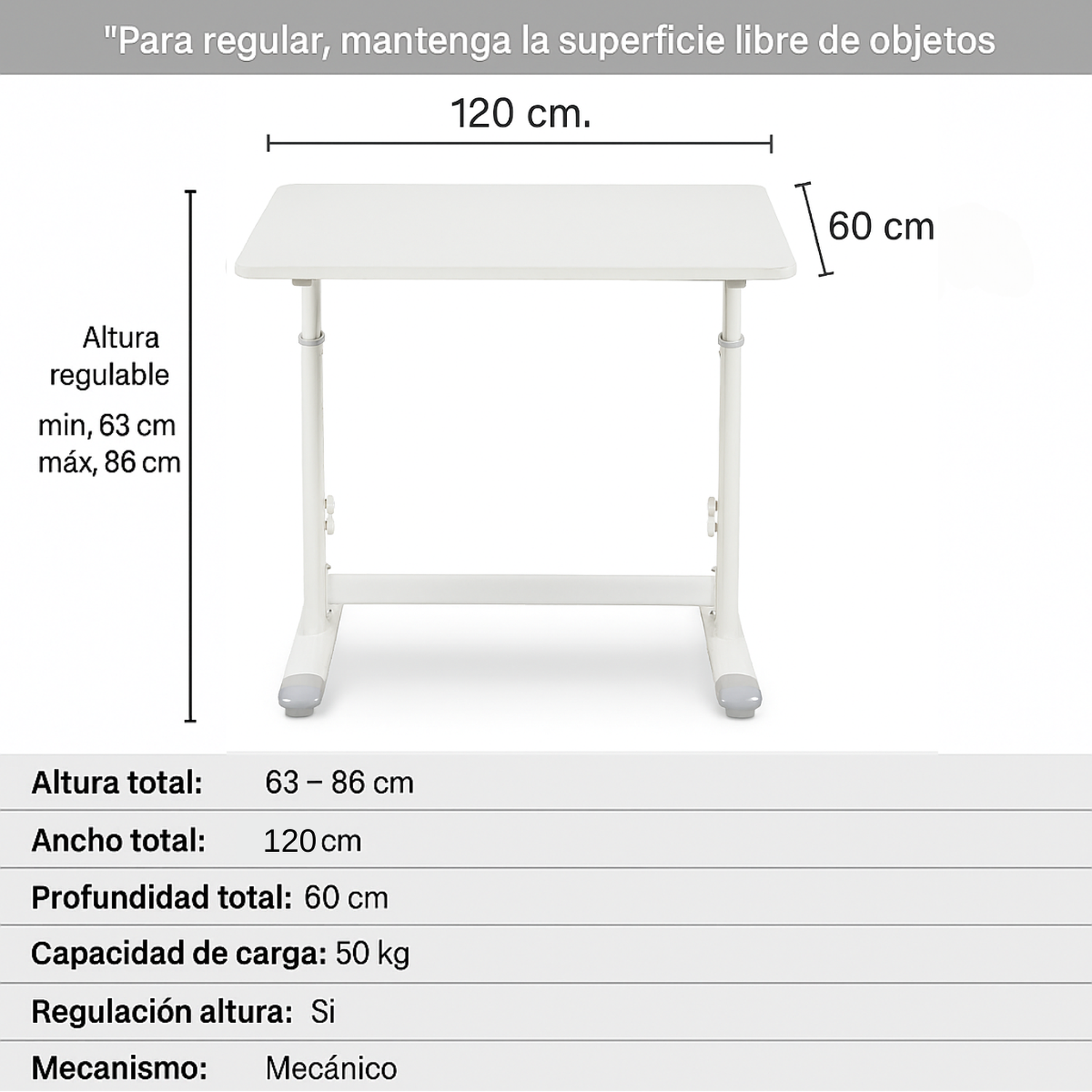 Escritorio Funcional Altura Ajustable 120x60x63-86cm Blanco-2