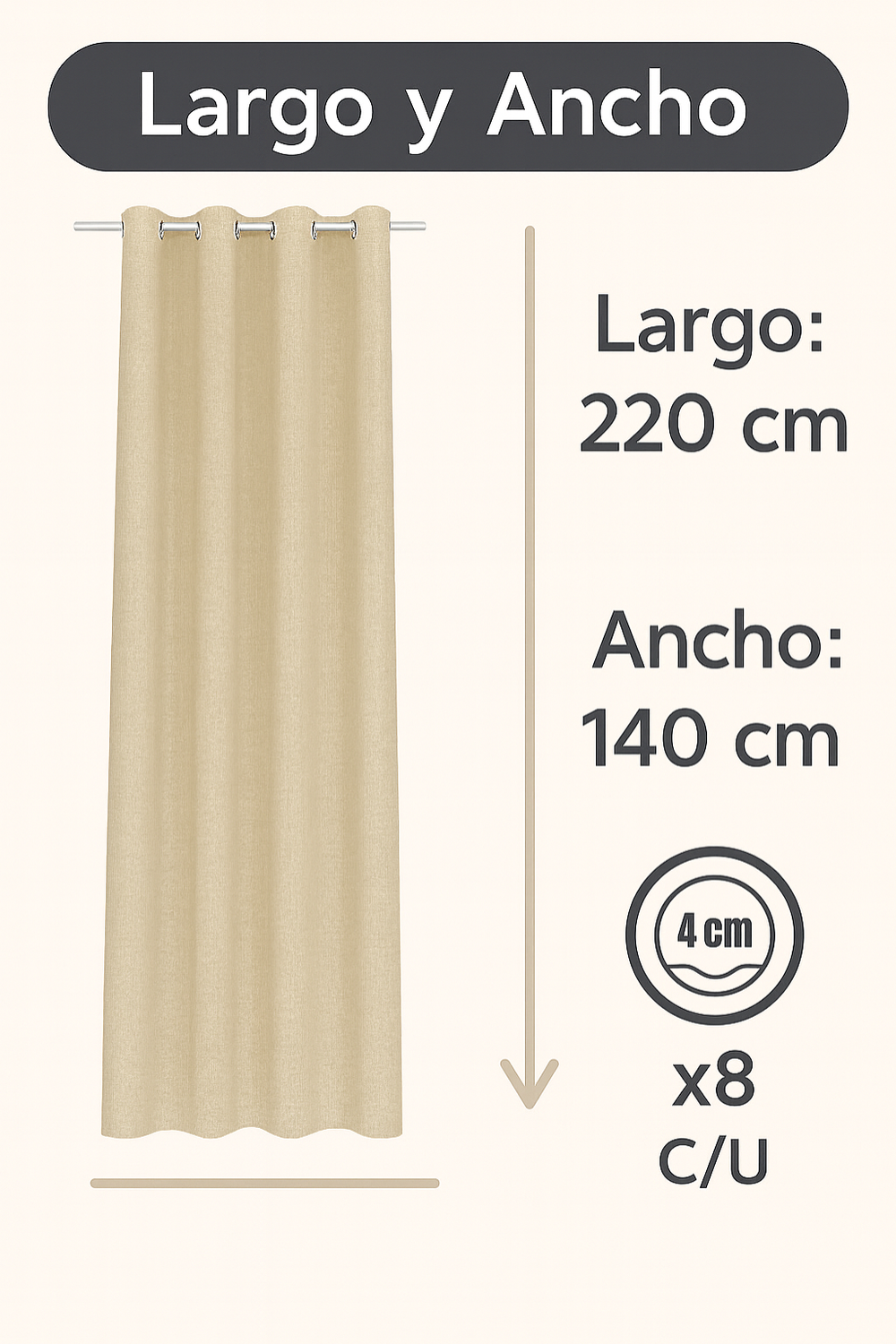 Cortina Blackout 100% Engomada Térmica Tipo Lino 140x220 - Tela Gruesa Premium - 1 Paño Beige-2