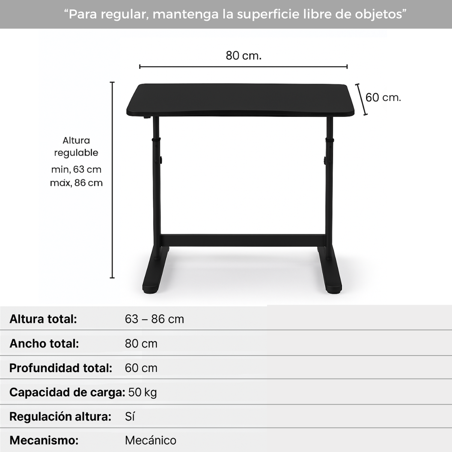 Escritorio Funcional Altura Ajustable 80x60x63-86cm Negro-2