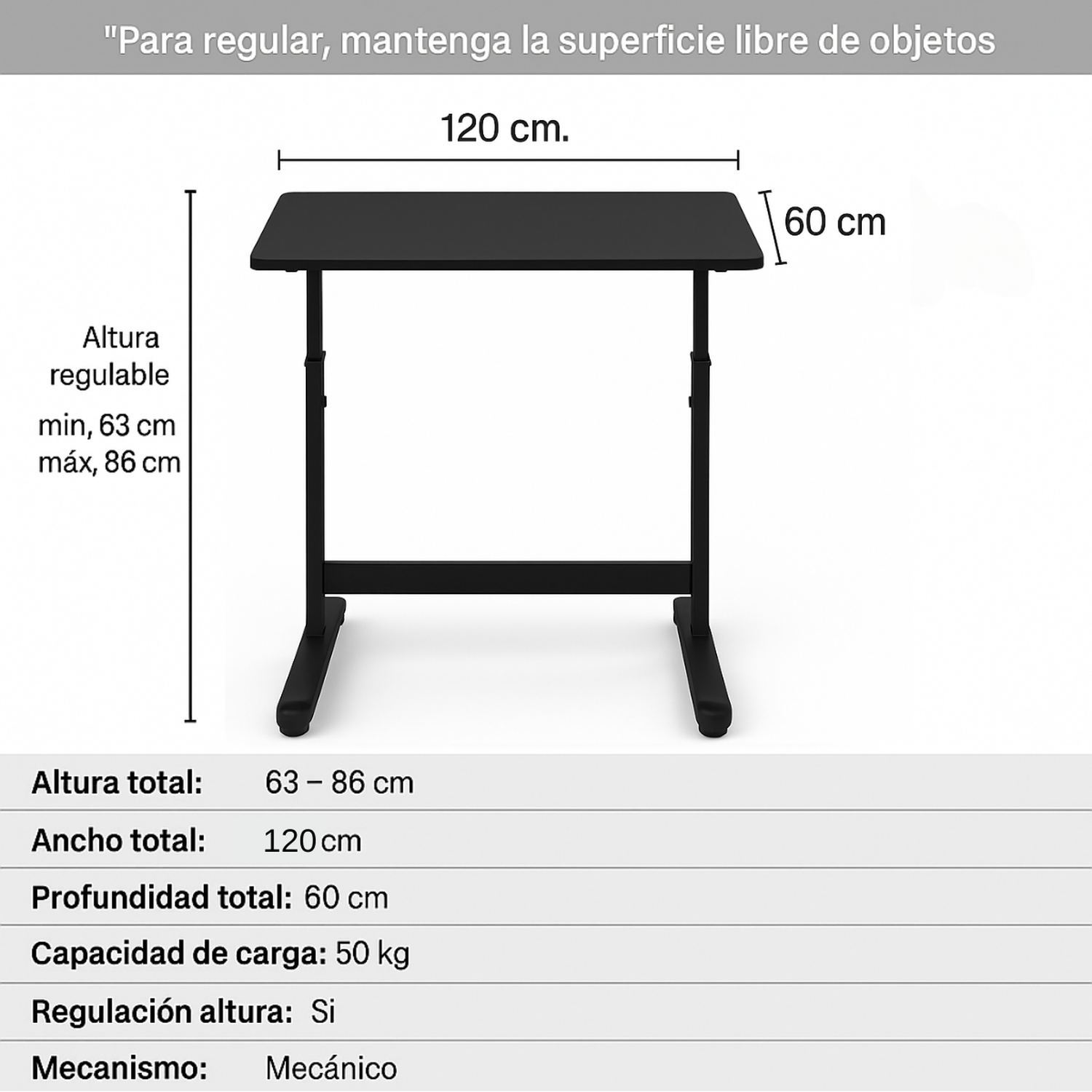 Escritorio Funcional Altura Ajustable 120x60x63-86cm Negro-2