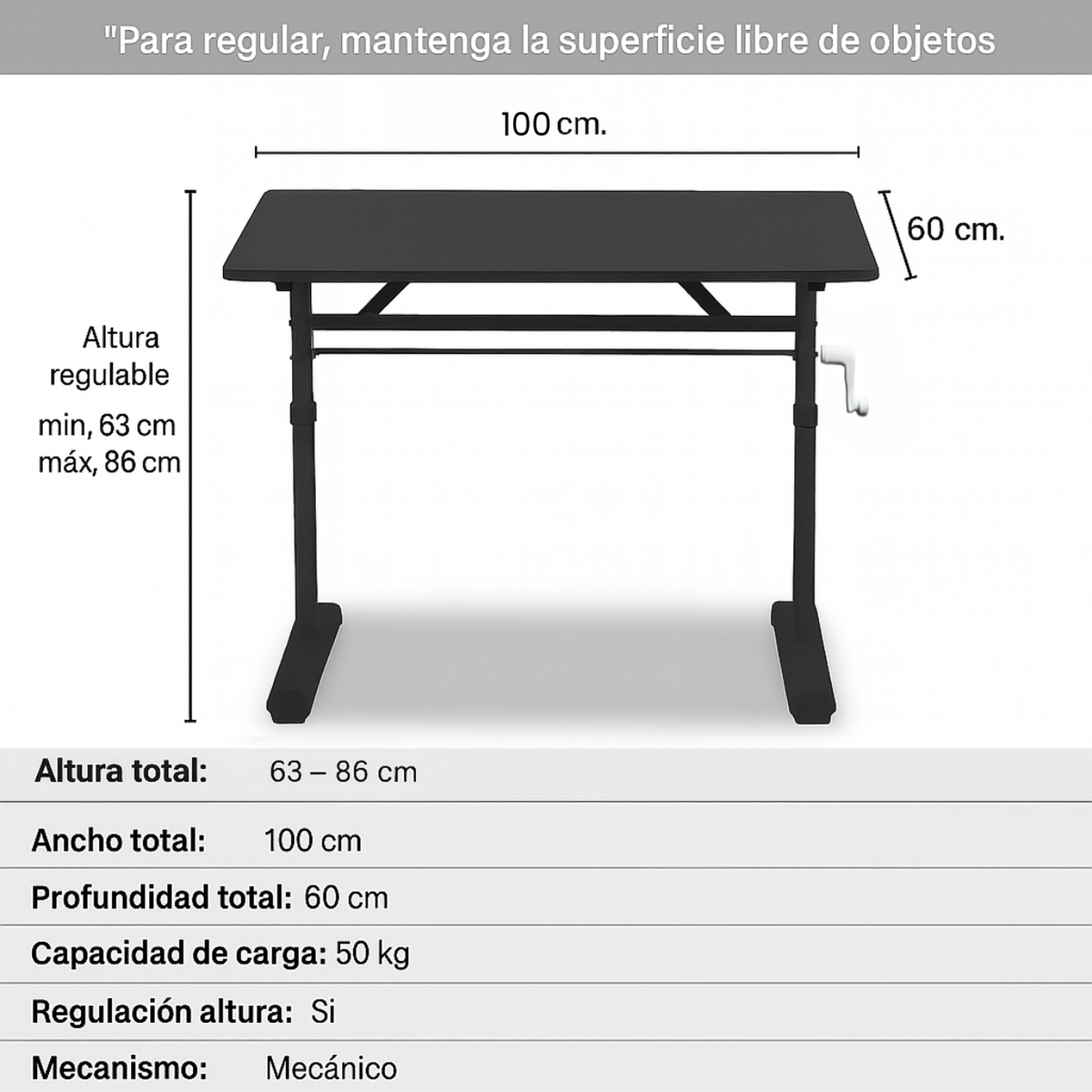 Escritorio Funcional Altura Ajustable 100x60x63-86cm Negro-2