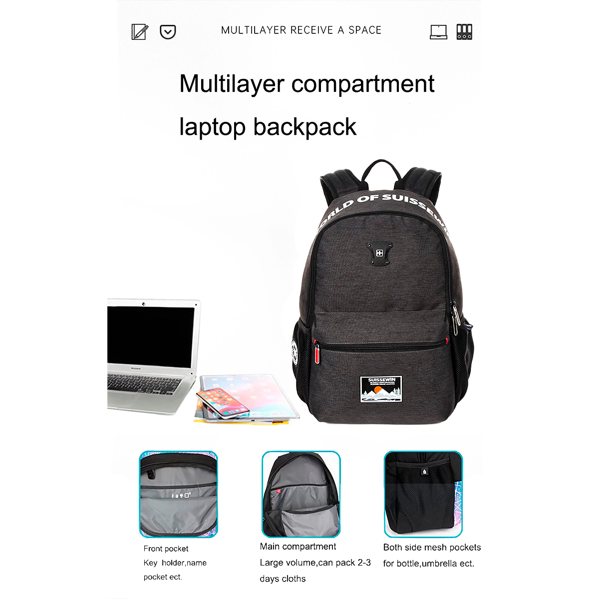 Mochila Bolsillo Laptop Gris Impermeable Suissewin-5