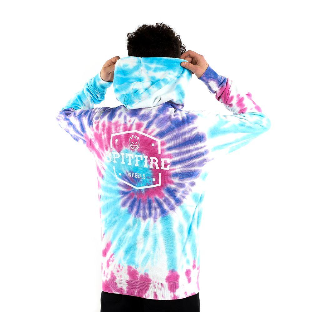 Polerón full zipper con capucha lila turquesa tie dye spitfire hombre street culture season-4