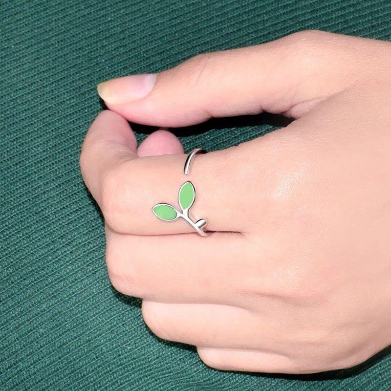 Anillo Doble Hoja Verde Plateado -2