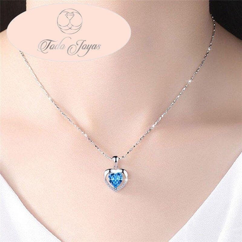 Collar Corazon Circon Azul Plateado -4