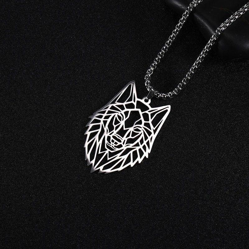 Collar Cabeza Lobo Wolf Acero Geométrico Plateado-4