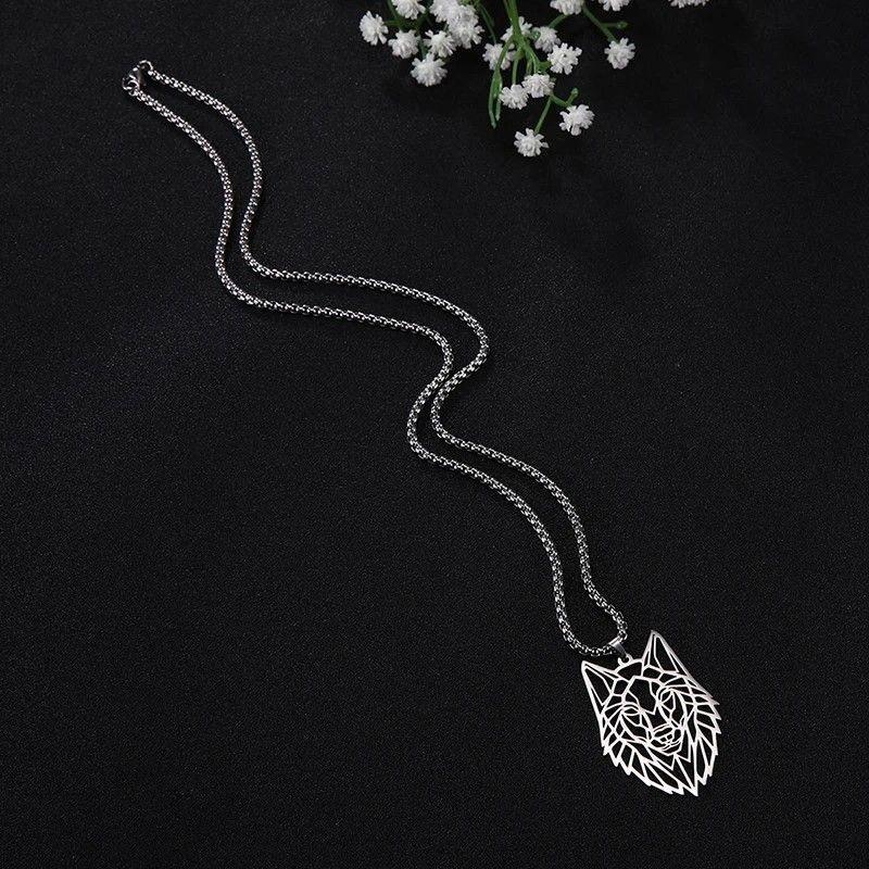 Collar Cabeza Lobo Wolf Acero Geométrico Plateado-6
