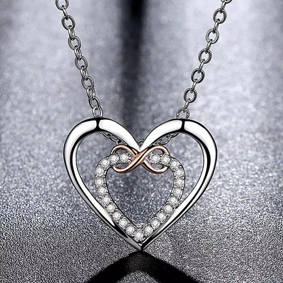 Collar Doble Corazon Infinito Plateado -3