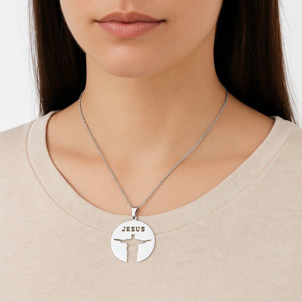 Collar Jesús Cristo Redentor Acero Plateado-2
