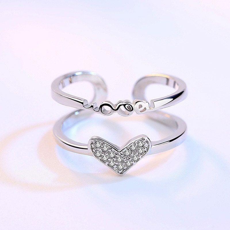 Anillo Corazon Doble Arco Baño Plata 925 Circones Ajustable -2