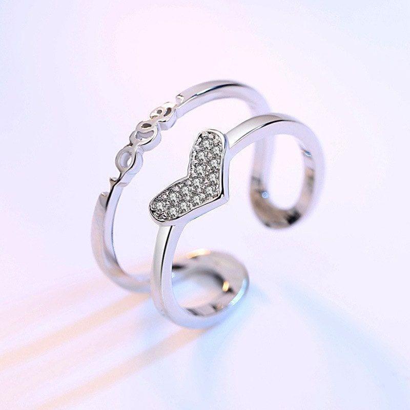 Anillo Corazon Doble Arco Baño Plata 925 Circones Ajustable -3