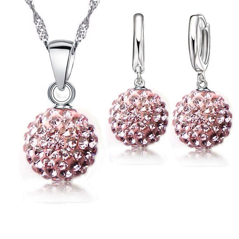 Conjunto Esfera Cristal Rosado Baño Plata 925-0