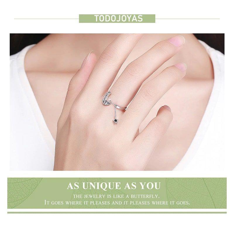 Anillo Plata Fina 925 Luna y Estrella Ajustable-4