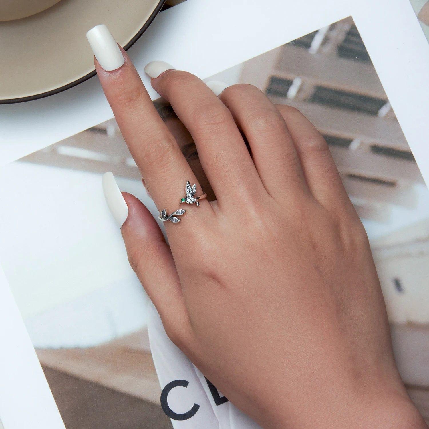 Anillo Plata 925 Colibri Picaflor con Hojas-2