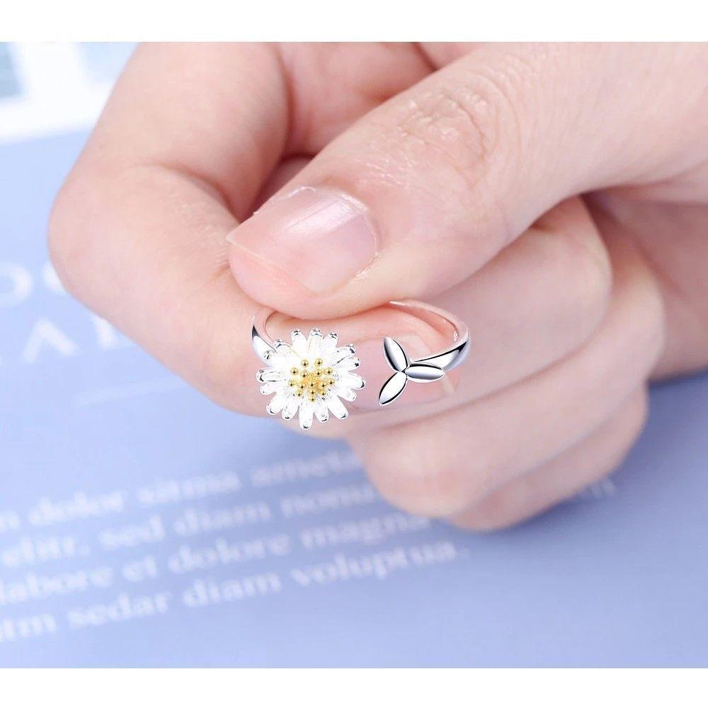 Anillo Flor Margarita Ajustable Plateado-4