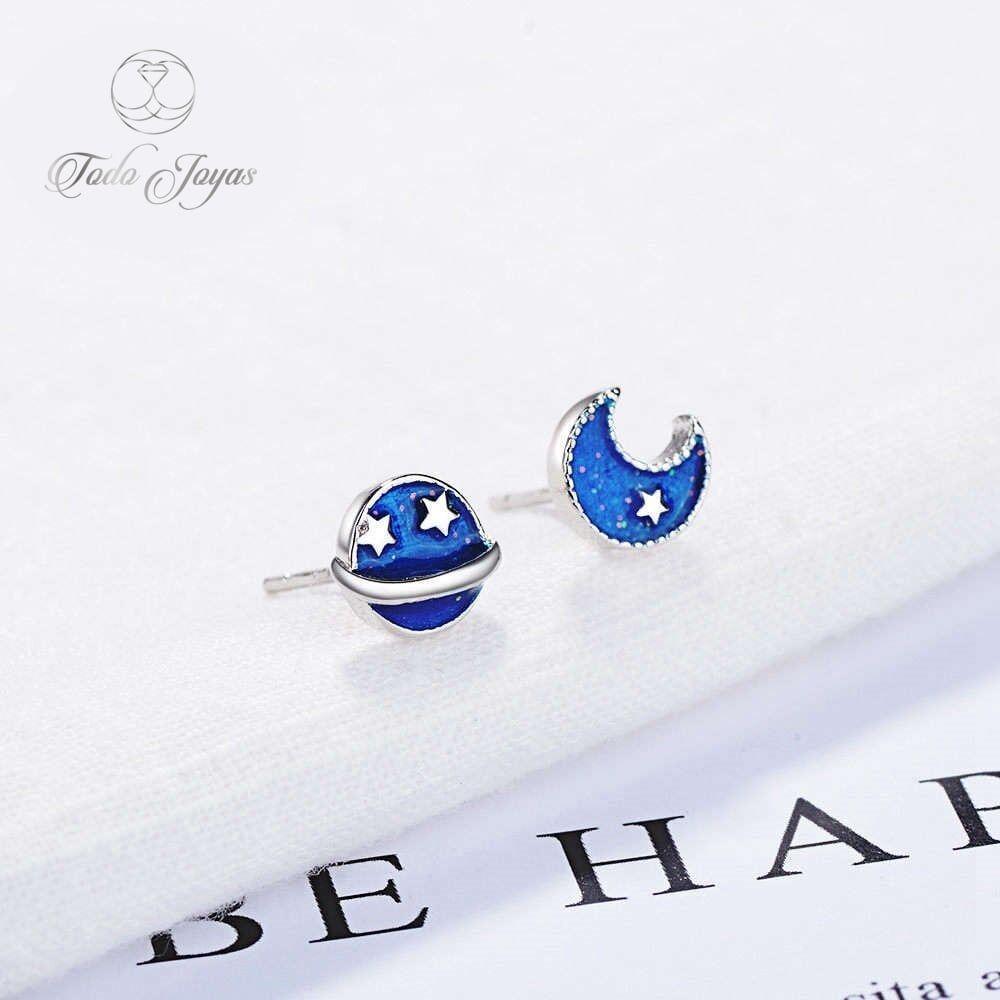 Aros de Luna y Planeta Azul Plateado-6