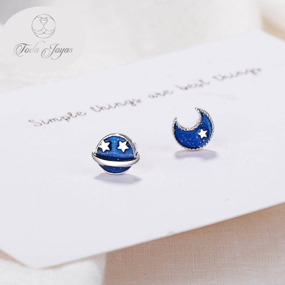 Aros de Luna y Planeta Azul Plateado-7