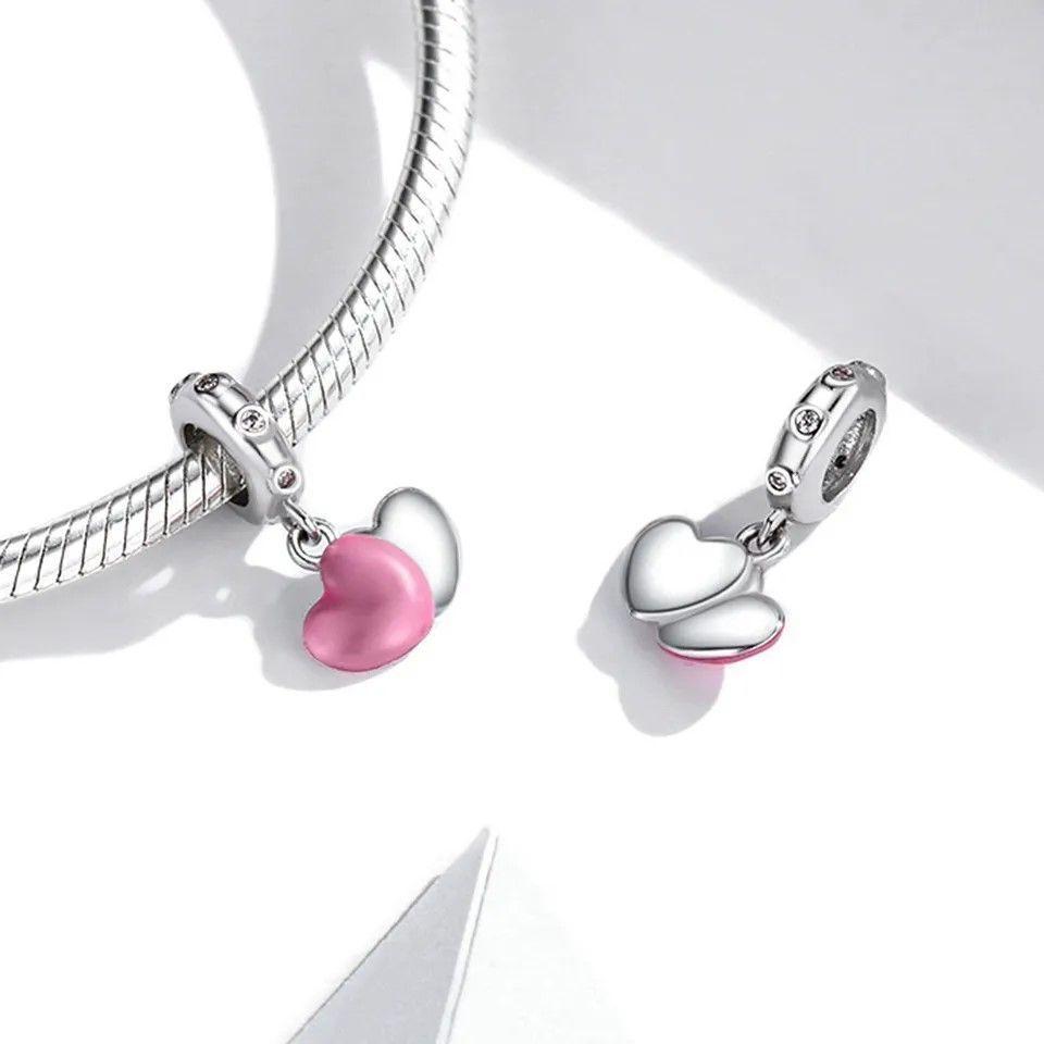 Charm Dije Plata 925 Doble Corazon Rosa Silver-2