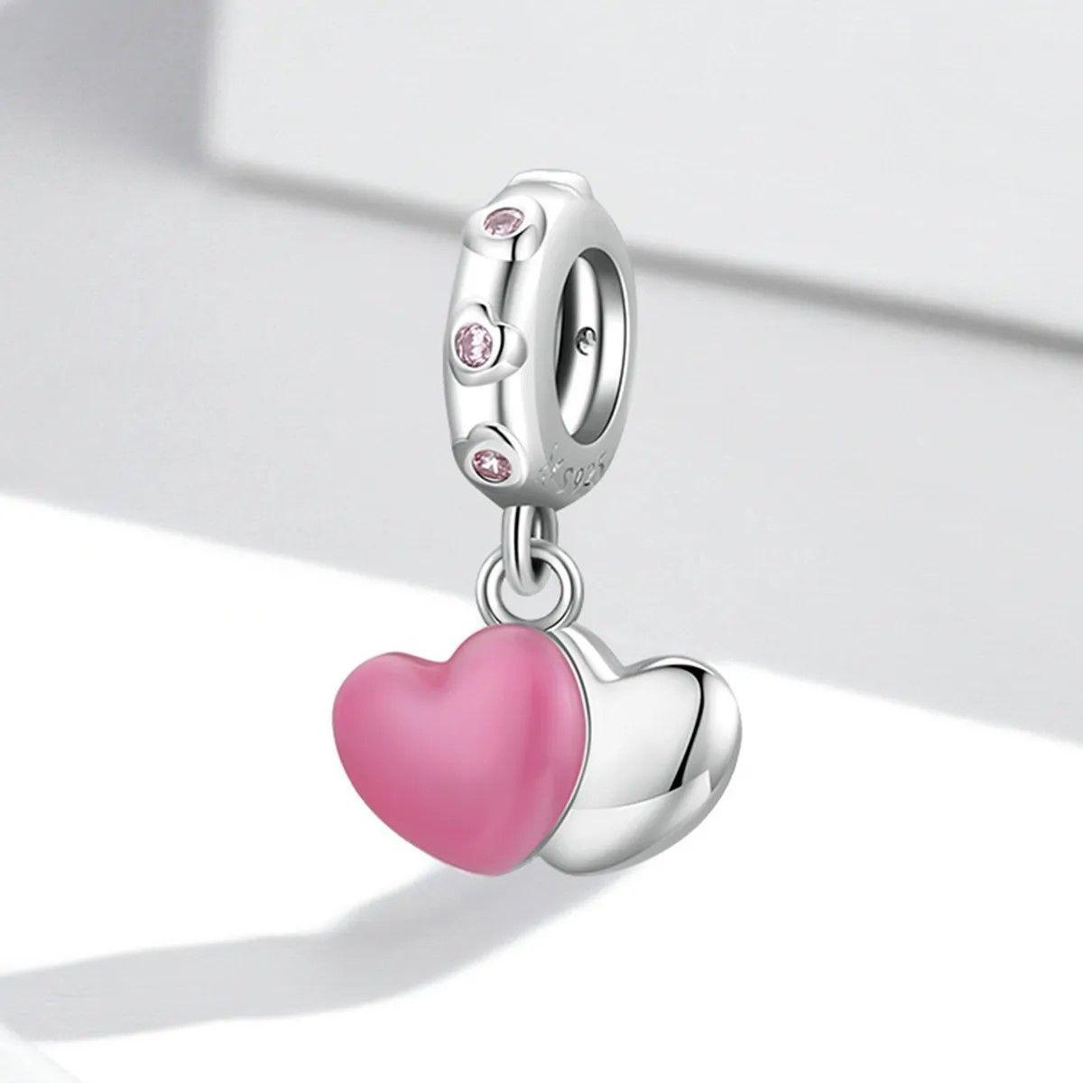 Charm Dije Plata 925 Doble Corazon Rosa Silver-4