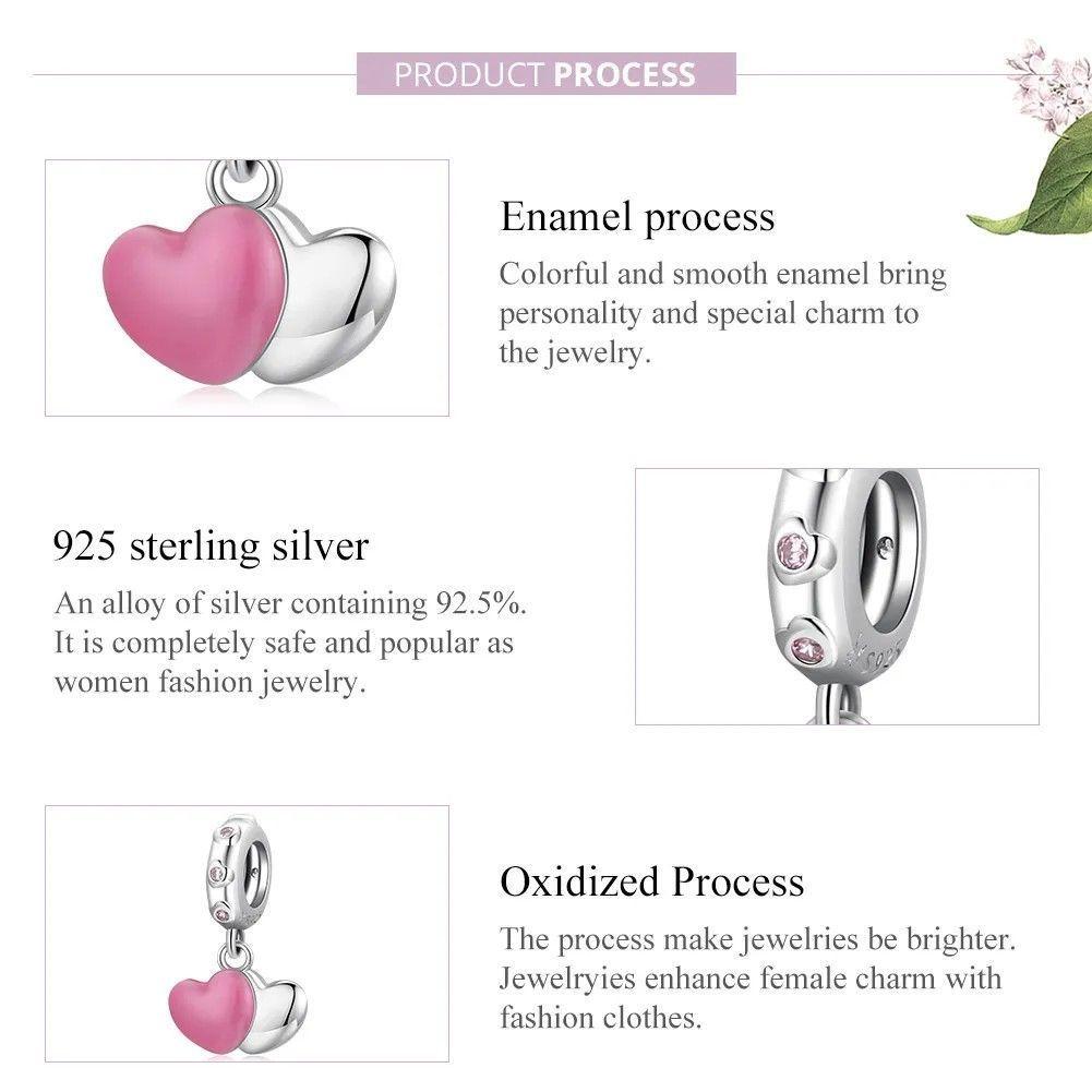 Charm Dije Plata 925 Doble Corazon Rosa Silver-5