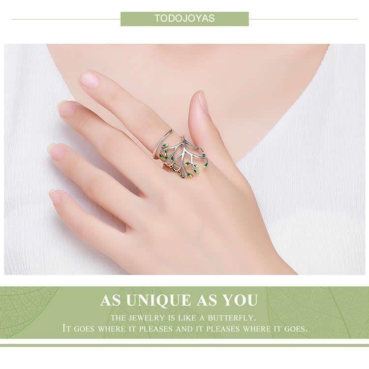 Anillo Plata 925 Arbol De la Vida Verde Ajustable-2