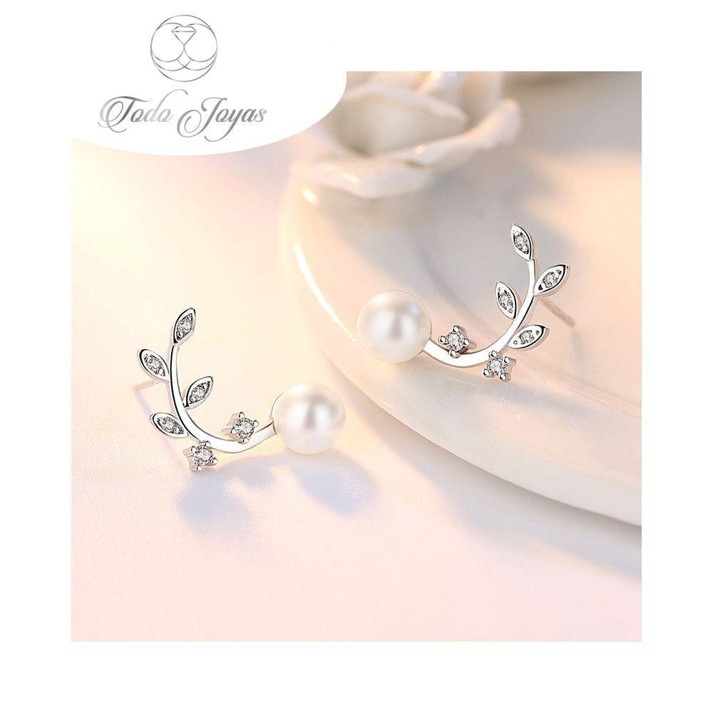 Aros Perla y Hojas Circones Baño Plata 925-2