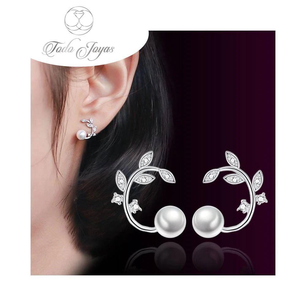 Aros Perla y Hojas Circones Baño Plata 925-3