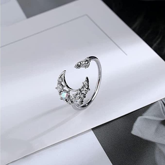 Anillo Forma de Luna y Gato Plateado-2