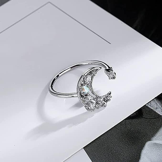 Anillo Forma de Luna y Gato Plateado-3