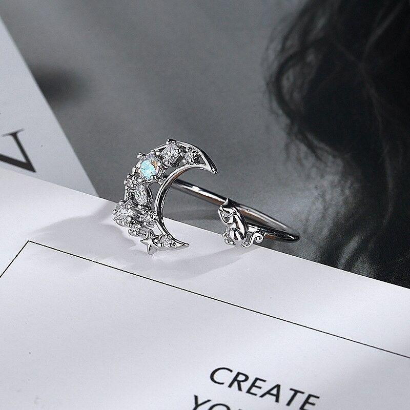 Anillo Forma de Luna y Gato Plateado-4